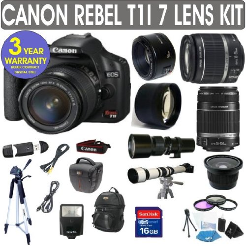 Canon Rebel T1i + Canon 18-55mm Lens + Canon 55-250mm Lens + Canon 50mm Lens +500mm Preset Lens + 650-1300mm Lens + .40x Fisheye Lens + 2x Telephoto Lens + 3 Year Celltime Warranty Repair Contract