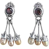 Sterling Silver Garnet & Freshwater Cultured Peach Pearl Drop Earrings by Sajen