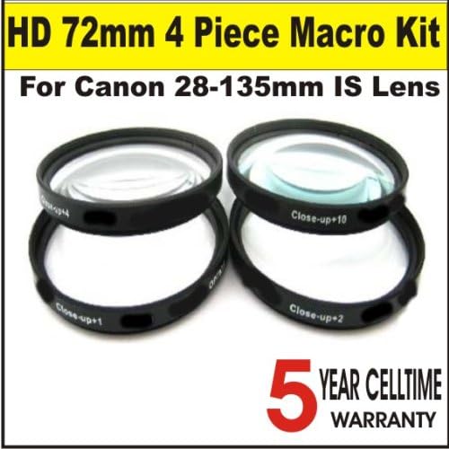 High Definition 72mm 4 Piece Close Up Macro Kit for Canon 18-200mm IS Lenss + 3 Year Celltime Warranty