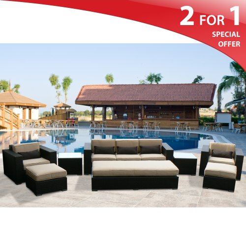 Bahama Modern Outdoor Patio Wicker Sectional Furniture 8 Piece Set Sand