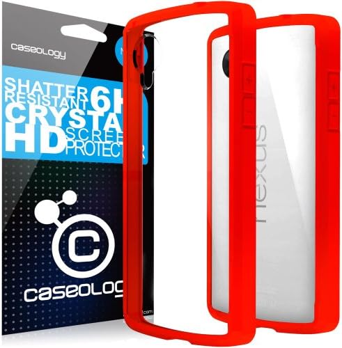 Caseology LG Google Nexus 5 [Premium Fusion Series] - Slim Fit Hybrid Scratch-Resistant Clear back thin Cover with Shock Absorbent TPU Protector Bumper Case and Shatter-Resistant 6H Crystal Clear HD Clarity Screen Protector Combo (Red) [Made in Korea] (for Verizon, AT&T Sprint, T-mobile, Unlocked)