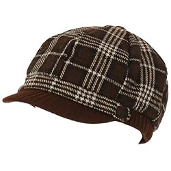 Wool Square Plaid Ribbed Knit Newsboy Cap Hat Brown