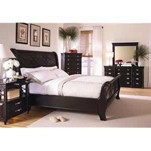 New Black Sleigh Bed Master Bedroom Furniture Set: Queen Bed, Dresser, Mirror, 2 Night Stands