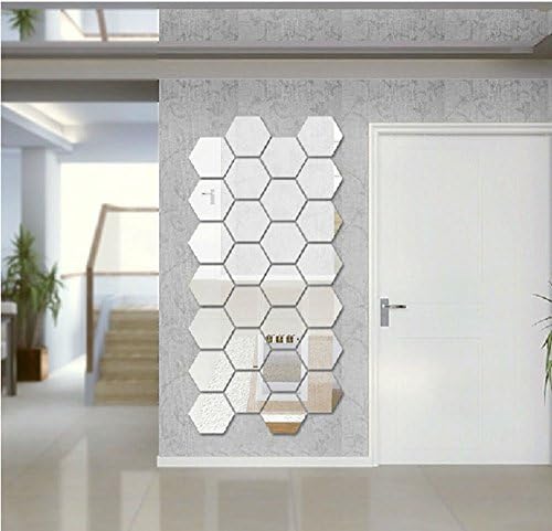 Greatlillian 3D 20 Pieces Hexagons Acrylic Mirror Wall Stickers Decals DIY Decoration Abstract Art Home Decor (Silver)
