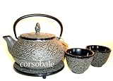 Japanese Cast Iron Tea Pot Set Pine Needle Brown