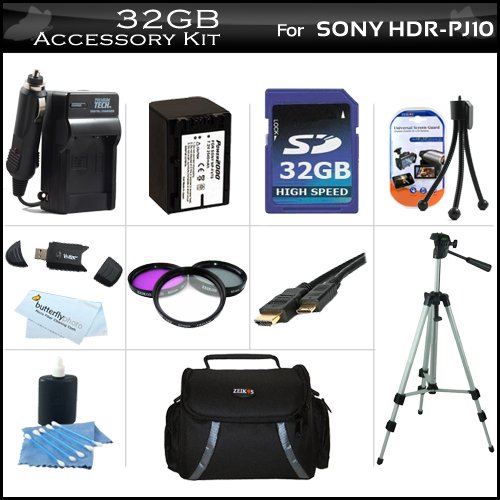 32GB Accessory Kit For Sony HDR-PJ10 Handycam HD Camcorder Includes 32GB High Speed SD Memory Card + Replacement (2300Mah) NP-FV70 Battery + Ac / DC Charger + Deluxe Case + Tripod + 3PC Filter Kit (UV-CPL-FLD) + Mini HDMI Cable + USB 2.0 SD Reader + More