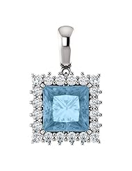 10K White Gold 8.00x8.00mm Princess Cut Sky Blue Topaz and Diamond Pendant -- LIFETIME WARRANTY