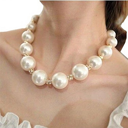 Sandistore Women Big Pearl Crystal Statement Chain Necklace