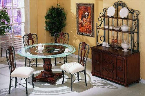 Kitchen: 5 pc metal and glass dining table set with frosted glass top and wood base