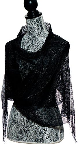 Elles Clothing Sheer Mesh Glitter Sparkle Shawl Wrap Fringe Prom Weddings Party Evening Scarfs for Women (Black)