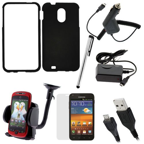 GTMax Blue Hard Rubberized Snap On Case + Clear LCD Screen Protector + Car Charger + Home Charger + USB Sync Data Cable + Stylus + Car Mount Holder for Samsung Sprint Galaxy S2 Epic 4G Touch D710