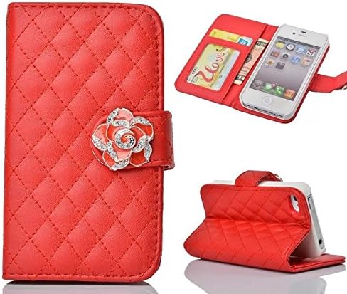 iPhone 5S Case,iPhone SE Case, Welity Red Color Camellia Soft Leather Grid Crystal Pu Leather Wallet Case for Apple iPhone 5S/SE/5G