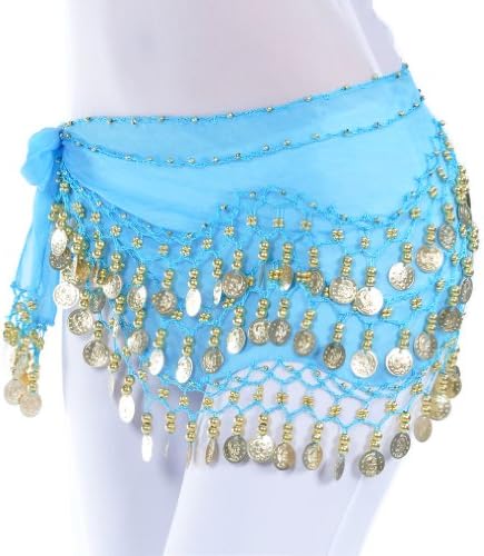 Chiffon Belly Dance Hip Scarf with Gold Coins (Lake Blue)