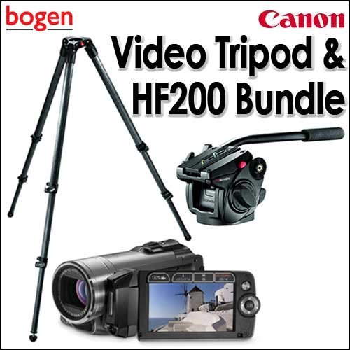 Manfrotto 535 CF 3-Stage 4 Sect Single Tube Video Tripod Bundle With Manfrotto 501HDV Pro Video Head & Canon Vixia HF200 HD 15X SDHC Flash Memory Digital Camcorder