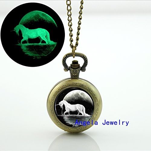 Pretty Lee Fashion Glow in The Dark Unicorn Pocket Watch White Horse Moon Glass Jewelry Photo Locket Necklace