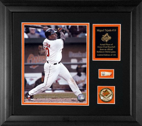 Miguel Tejada Baltimore Orioles Framed 8x10 Photograph with Game Used 2005 Baseball Piece & Medallion