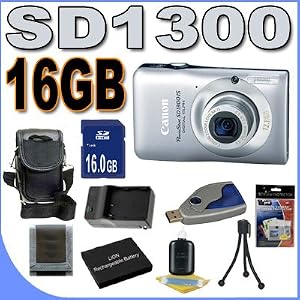 Canon PowerShot SD1300IS 12 MP Digital Camera w/4x Wide Angle Optical IS Zoom (Silver) 16GB BP6L Battery/Charger BigVALUEInc Accessory Saver Bundle