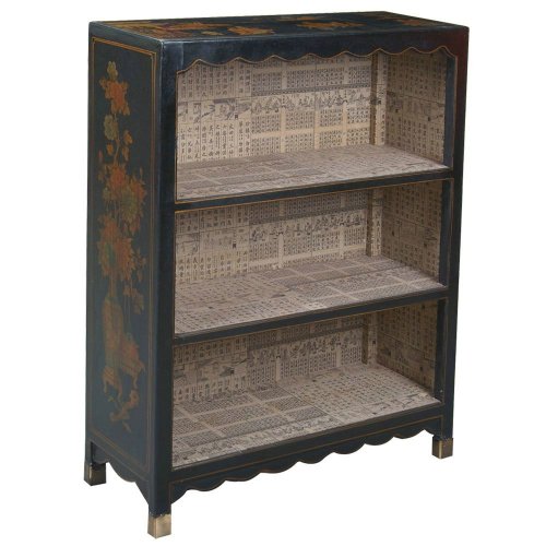 Handmade Oriental Furniture - 46" Antique Style Black Leather Mandarin Lined Bookcase - Traditional