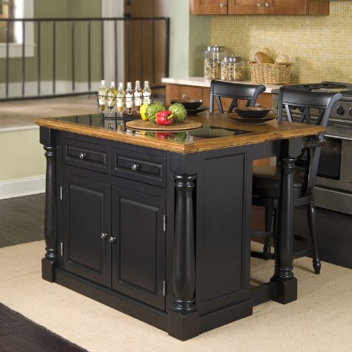 3pc Kitchen Island with Granite Top and Stools Set in Black Finish