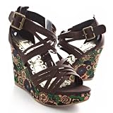 51y9PUOns9L. SL160  Floral Brown Faux Leather Strappy Platform Wedge Sandal