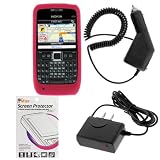 Rapid Car Charger + Home Travel Charger + Rose Pink Silicone Soft Cover Case + LCD Screen Protector for Nokia E71
