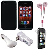 Black Premium Rubberized Protective Soft Silicone Skin Cover Case for Verizon Wireless Apple iPhone 4 4th Generation 16GB 32GB and AT&T iPhone 4 + 2 Piece Clear Screen Protector for Front and Back of Apple iPhone 4 + USB Car Charger + USB Travel Wall Charger + Pink Hifi Noise Reducing Headphones / Earbuds