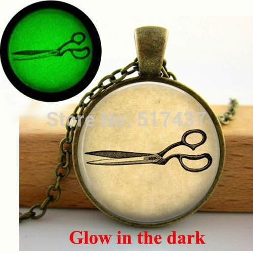 Pretty Lee Glow In The Dark Vintage Scissors Necklace Hairdresser Necklace Scissors Jewelry Art Photo Glass Dome Pendant Glowing Jewelry
