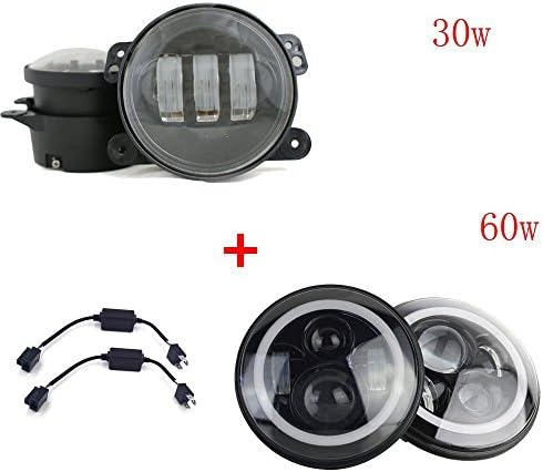 TURBO SII Pair 4 Inch 30w Cree Led Fog Lights + 7 Inch Round LED Headlight White Halo For Harley Davidsion Motorcycle LJ TJ Daymaker Angel Eye & DRL LED Projection Jeep Applications