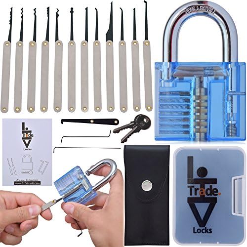 LHVTrade Locks 12-Piece Practice Lock Set Tools with Blue Transparent Padlock - Inside View, for Beginners and Professionals, Include eBook and Manual Instructions!
