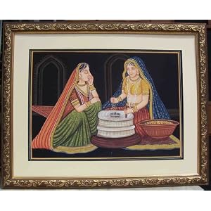 Lady crushing wheat in traditional Chakki, Paper Painting
