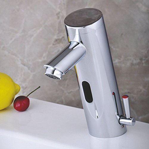 Home Deck Mount Touch Free Automatic Sensor Sink Faucet with Temperature Control Handle Chrome Single Hole Straight Spout Bar Faucet Lavatory Plumbing Fixtures Bathtub Mixer Taps Bath Shower Faucets Ceramic Valve Included