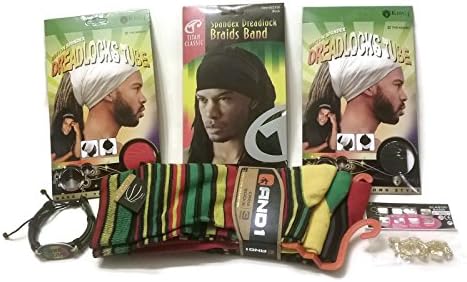 1 - Black Titan Classic Spandex Dreadlock Braids Band, 1- Brown &amp; 1- Red King. J Cotton Spandex Dreadlocks Tube, 3 Pair of And1 Stripe Crew Socks, Elastic Bands, and One Love Bracelet Bundle - 8 Items