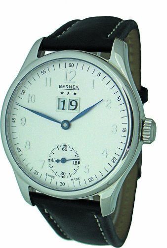 Bernex Swiss Made Gents large Stainless Steel, Big Date Mechanical Wrist Watch leather strap silver dial