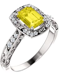 Platinum 7.00x5.00mm Emerald Cut Yellow Sapphire and Diamond Ring -- LIFETIME WARRANTY