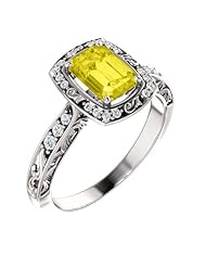 18K White Gold 7.00x5.00mm Emerald Cut Yellow Sapphire and Diamond Ring -- LIFETIME WARRANTY