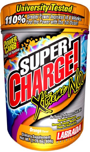 Labrada Nutrition Super Charge! Xtreme N.O., Pre-Workout Energy Drink Mix, Orange, 1.76-Pound Tub
