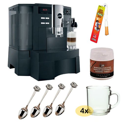 Jura-Capresso Impressa XS90 Refurbished Automatic Espresso & Coffee Center, Black + 25-Pack Coffee Machine Cleaning Tablets + 4 Pcs 10oz ARC Handy Glass Coffee Mug + Coffee Grinder Dusting Brush + 4.5 in. Cup & Saucer Demi Spoon Jura-Capresso Impressa XS90 Refurbished Automatic Espresso & Coffee Center, Black + 25-Pack Coffee Machine Cleaning Tablets + 4 Pcs 10oz ARC Handy Glass Coffee Mug + Coffee Grinder Dusting Brush + 4.5 in. Cup & Saucer Demi Spoon