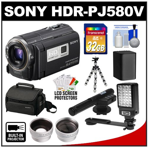 Sony Handycam HDR-PJ580V 32GB 1080p HD Video Camera Camcorder with Built-in Projector with Sony Case + 32GB Card + LED Light + Microphone + Battery + Tripod + Wide Angle & Telephoto Lenses + Accessory Kit