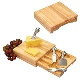 Picnic Time Festiva Square Wooden Cutting Board w/ Drawer Of Stainless Cheese Tools (Natural Wood)