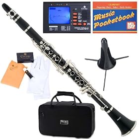 Mendini MCT-E B Flat Black Ebonite ABS Clarinet w/ Case, Tuner, Stand, Mouthpiece, Box of 10 Reeds, Cork Grease, & a Pair of Gloves