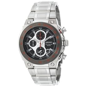 Seiko Men's Silver-Tone Black Dial Red Markers Alarm Chronograph  Watch #SNAD55