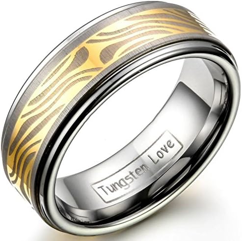 Janestore 8mm Brushed Tungsten Carbide Ring Golden Tone Mokume Gane Center Mens Wedding