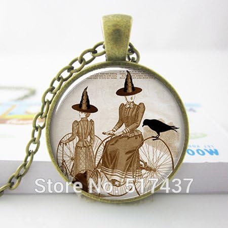 Lawrence Painting O28 Bicycle Witch Halloween Pendant Hallowen Jewelry Resin Pendant Halloween Necklace Charm