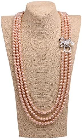 Wild Wind (TM) Elegant Luxy Diamond Bow Pearl Strands Necklaces (Orange Three Layers)