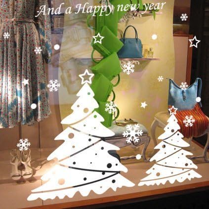 Oderin Art Decal Happy New Year Merry Christmas White Tree Snowflower Removable Mural Wall Stickers Art Cupboard for Christmas Shop Room Decor by Oderin Art