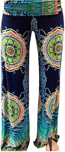 Women's Wide Leg Tribal Print Trousers Fold-Over Waist Paisley Palazzo Pants