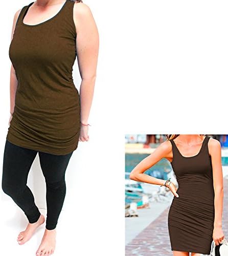 Women Casual Sleeveless Long Sexy Tunic Blouse Top Mini Dress Tank Shirt Brown L