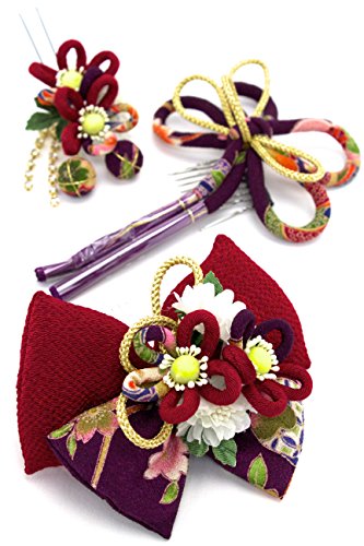 髪飾り 3点セット 和柄 リボン 縮緬 花 ラインストーン