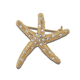 Gold Toned Crystal Accent Starfish Brooch Pin - For Valentines Day Gift