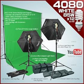 Photography video studio Lighting kit with 2 Fluorescent Light Bank Linco Flora +2 35'' Hexogen Easy Softbox Linco Flora +2 8308 Compact Light Stand+12 85w Softwhite Daylight Photo Energy Bulb Linco +3 Carrying Bag+2 8310 Senior Compact Stand+1 Cross Bar for Background Support+1 Green muslin Screen 
